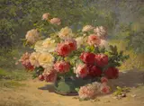 Abbott Fuller Graves, A Mixed Bouquet of Roses in a Green Barrel 30 x 40in