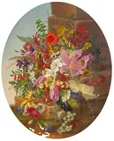 Adelheid Dietrich, Still life with flowers, 1875 framed as an oval, 11 3/4 x 9 3/4in
