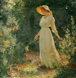 Charles Courtney Curran, Woman in a white dress in a garden 14 1/8 x 14 1/4in