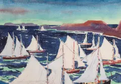 Jonas Lie, Fishing boats returning to harbor sight: 13 1/2 x 19in