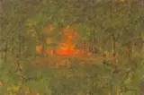 George Inness, Forest sunset with figure 12 x 18 1/4in