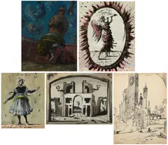 Eugene Berman, Cargador de Cupolas, 1949; Happy Easter, 1942; A costume design for the ballet Giselle, 1946; A set design for the play Pulcinella, 1943; Verona (double-sided), 1951 (5), first oil on canvas; second ink and watercolor on paper; third and fourth ink and gouache on paper; fifth ink on paper