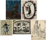 Eugene Berman, Cargador de Cupolas, 1949; Happy Easter, 1942; A costume design for the ballet Giselle, 1946; A set design for the play Pulcinella, 1943; Verona (double-sided), 1951 (5)