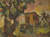 Romeo V. Tabuena, Untitled (Landscape with house and tree in the foreground), 1955, oil on heavy paper