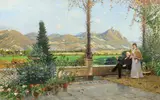 Hugo Mühlig und Adolf Lins, Porträt eines Ehepaares mit Hund auf einer Terrasse vor dem Panorama des Siebengebirges, 1899, Öl auf Leinwand