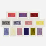 Roy Lichtenstein, Cathedral and Haystacks sample portfolio (thirteen works), 1969, lithograph in colors