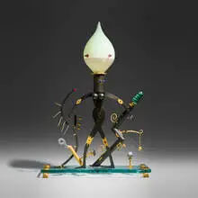 Dan Dailey, Nude in Junk lamp, 1996, blown glass, bronze, gold-plated bronze, aluminum, plate glass, Vitrolite and lampworked glass