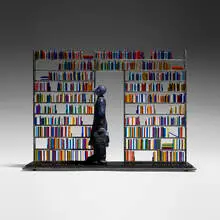 Stacks (from the Libraries series) by Lucy Lyon, 1998, hand-blown and carved glass, painted steel, sold Feb 2025