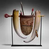 William Morris, Suspended Artifact, 1998, hand-blown and hot-sculpted glass, enameled metal