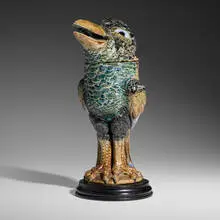 Robert Wallace Martin for Martin Brothers Pottery, Wally-bird tobacco jar, 1891, salt-glazed stoneware, ebonized wood