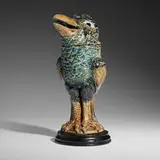 Wally-bird tobacco jar by Robert Wallace Martin for Martin Brothers Pottery, 1891, salt-glazed stoneware, ebonized wood, sold Jan 2025