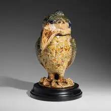 Robert Wallace Martin for Martin Brothers Pottery, Wally-bird tobacco jar, 1887, salt-glazed stoneware, ebonized wood