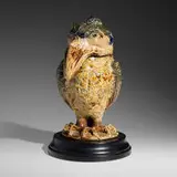 Wally-bird tobacco jar by Robert Wallace Martin for Martin Brothers Pottery, 1887, salt-glazed stoneware, ebonized wood, sold Jan 2025