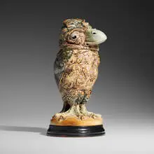 Robert Wallace Martin for Martin Brothers Pottery, Wally-bird tobacco jar, 1903, salt-glazed stoneware, ebonized wood