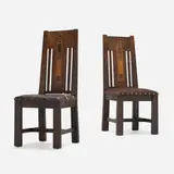 Inlaid dining chairs model 320, pair by Shop of the Crafters, c. 1906, oak, marquetry, brass, leather, sold Dec 2022
