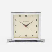 Gilbert Rohde, Table clock, c. 1935, chrome-plated aluminum, chrome-plated steel, glass, enameled aluminum