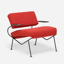 Lounge chair by Dan Johnson, enameled steel, upholstery, lacquered wood, sold Jul 2021