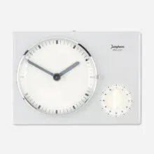 Max Bill, Wall clock and timer, c. 1954, glazed porcelain, chrome-plated brass, enameled aluminum, plastic