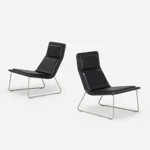 Jasper Morrison, Low Pad lounge chairs, pair, 1999, leather, chrome-plated metal