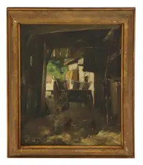 Untitled by Ernest Betigny, 1873-1960) Chickens in a barn oil on canvas 56 x 46cm ., sold Nov 2021