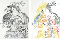 Larry Rivers, Utamaro's Courtesan, 1974 (2 parts), left sheet pencil on carbon paper; right sheet color pencil on carbon paper
