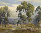 Eucalyptus with a farmhouse in the distance by Percy Gray, pencil and watercolor on paper, sold Apr 2009