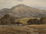 A farmhouse with hills in the distance by Percy Gray, watercolor and pencil on paper, sold Apr 2009