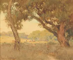 Sydney Janis Yard, Cattle grazing in a sunlit clearing, watercolor on paper board