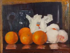 Wrapped oranges on a table by Frank Coburn, oil on canvas affixed to board, sold Apr 2009