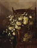 Edith White, Basket of cut roses on a chair, 1892, oil on canvas
