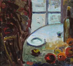 Still life with plate, fruit and bottle on a table by Selden Connor Gile, 1940, oil on canvas affixed to board, offered Apr 2009