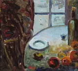 Selden Connor Gile, Still life with plate, fruit and bottle on a table