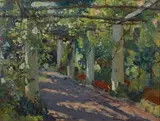 Colin Campbell Cooper, Sun-dappled garden with trellis