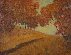 'Autumn' (hillside, trees, rust) by Frank Coburn, oil on canvas affixed to board, sold Apr 2009