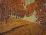 Frank Coburn, 'Autumn' (hillside, trees, rust), oil on canvas affixed to board