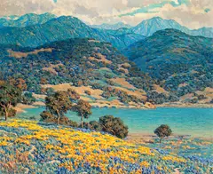 Granville Redmond, Poppies and lupine by a lake with mountains in the distance, oil on canvas