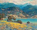 Granville Redmond, Poppies and lupine by a lake with mountains in the distance, oil on canvas