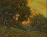 Sunset beyond the trees by Granville Redmond, oil on board, sold Apr 2009