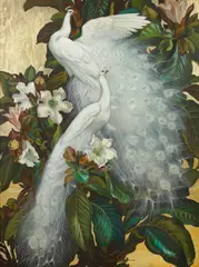 Jessie Arms Botke, 'White peacocks and beaumontia', oil and gold leaf on board