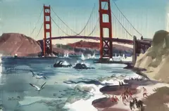 Jade Fon, Bathers on Baker Beach looking towards the Golden Gate Bridge, pencil and watecolor on paper