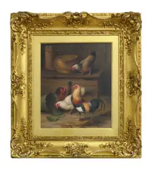 Edgar Hunt, Poultry in a barn, oil