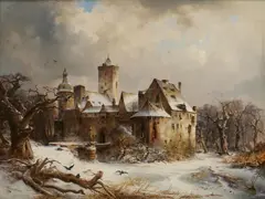 Carl Hilgers, "Großes Winterbild. Eine Rheinische Burg", 1850, Öl auf Leinwand