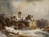 Carl Hilgers, "Großes Winterbild. Eine Rheinische Burg", 1850, Öl auf Leinwand