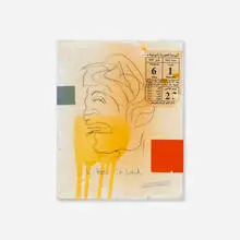 Likes It Loud by Donald Baechler, 1998, pencil, ballpoint pen, acrylic paint, industrial varnish and paper collage on canvas board, sold Dec 2022