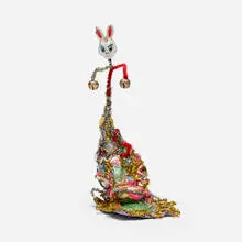 Thomas Lanigan-Schmidt, Bunny Throne, c. 1985, plastic, foil, metal bells, pipe cleaners, staples and other mixed media