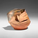 Exceptional vase by George E. Ohr, 1898-1910, double scroddled bisque earthenware, sold Jan 2025