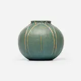 Vase with leaves by Marie Seaman for Grueby Faience Company, 1898-1910, glazed earthenware, sold Jan 2025