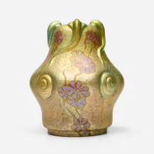 Fine vase with flowers and snails by Zsolnay, c. 1900, eosin-glazed earthenware, sold Jan 2025