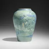 Anna Frances Simpson for Newcomb College Pottery, Large scenic vase with live oaks, Spanish moss, and full moon, 1923, glazed earthenware