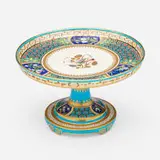 Tazza by Christopher Dresser for Minton & Co., c. 1870, enamel-decorated and gilt porcelain, sold Jan 2025